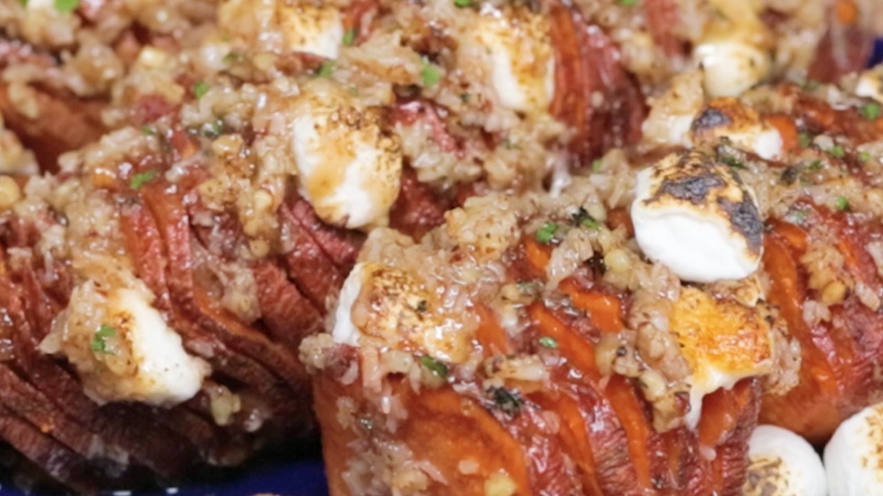 Hasselback Sweet Potatoes Stuffed With Marshmallows and MaplePecan