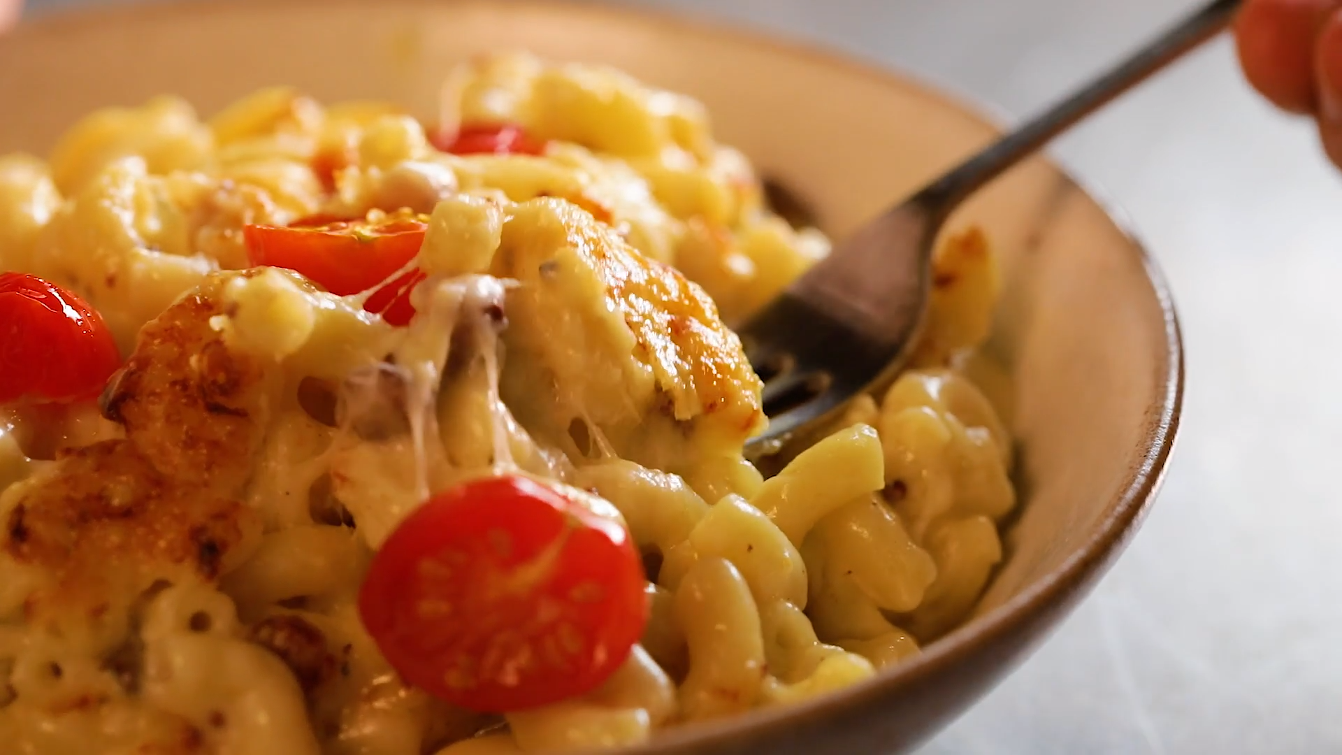 Mac ‘n’ Cheese With Pancetta, Whole Grain Mustard, Cherry Tomatoes