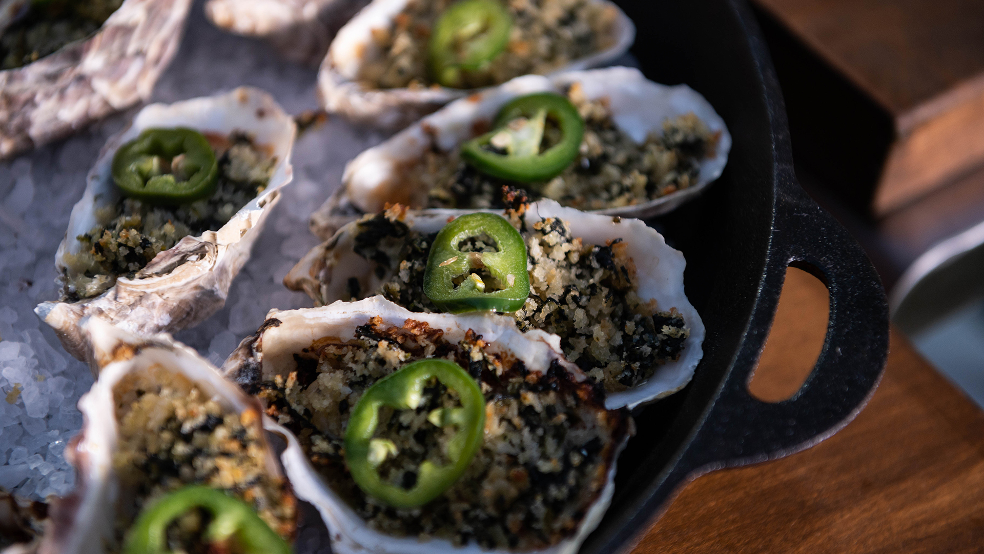 Chargrilled Oysters with Parmesan Breadcrumbs and Pickled Peppers